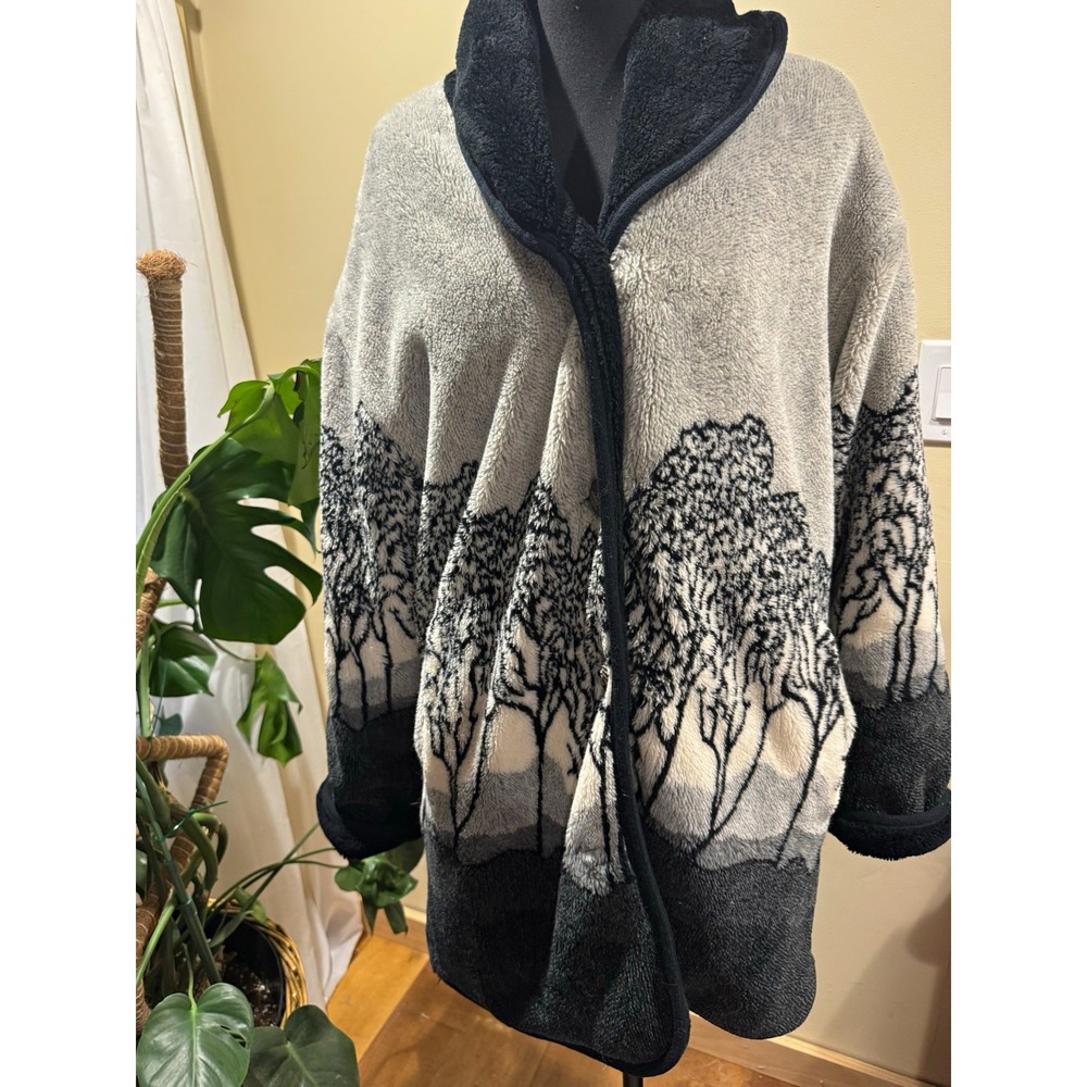 Women's Winter Coat Gray/Black Open Front Coatigan Scenic Tree Print Pockets M/L